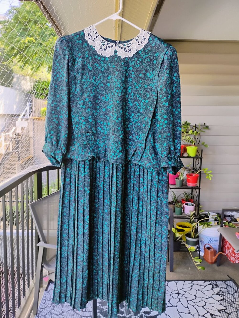 Vintage 1980s Green & Black Puff Sleeve Floral Pleated Dress Cottagecore Plus 18 - Picture 12 of 12